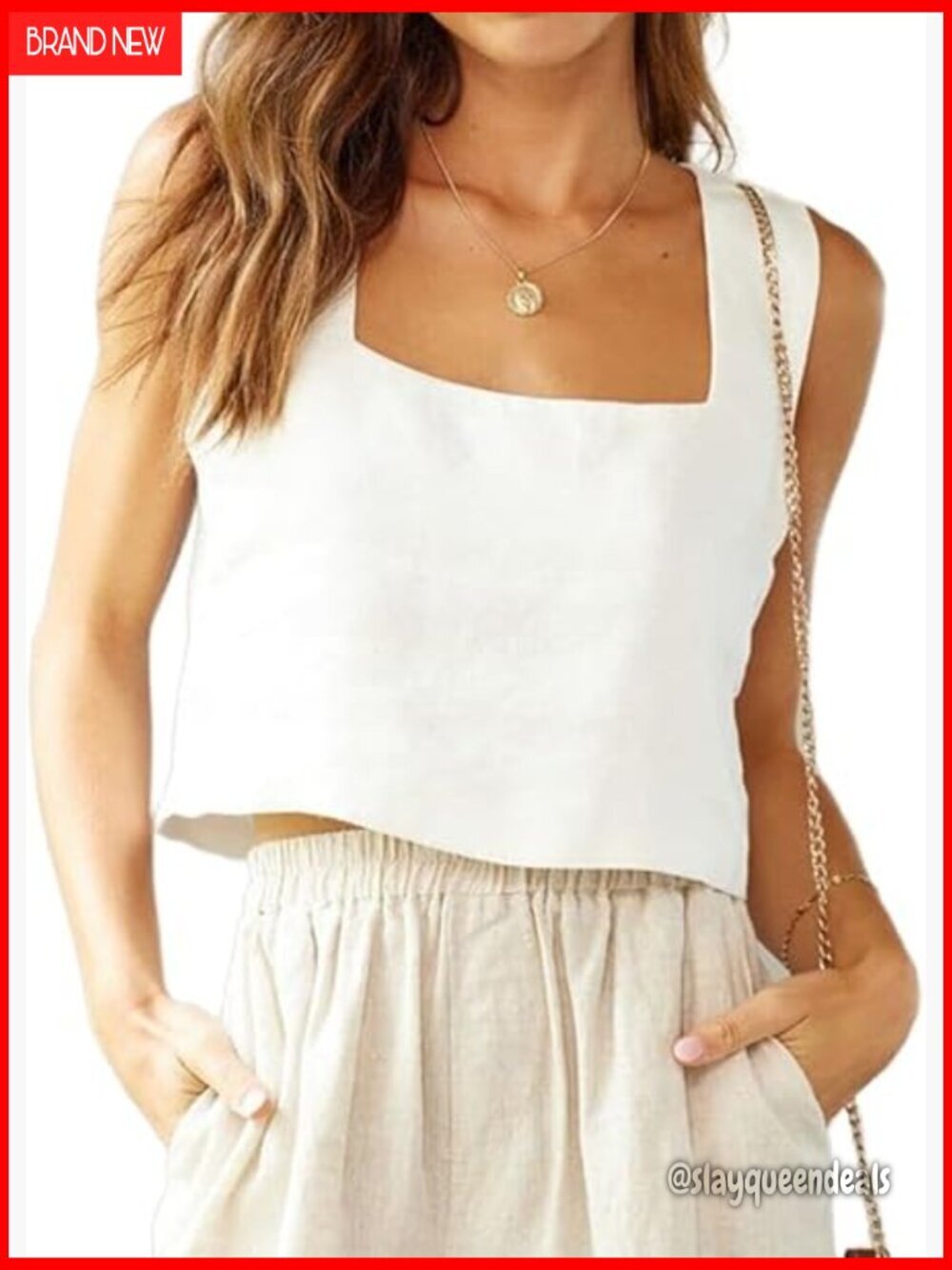 Women's Linen Crop Tank Top Sleeveless Square Neck Summer Casual